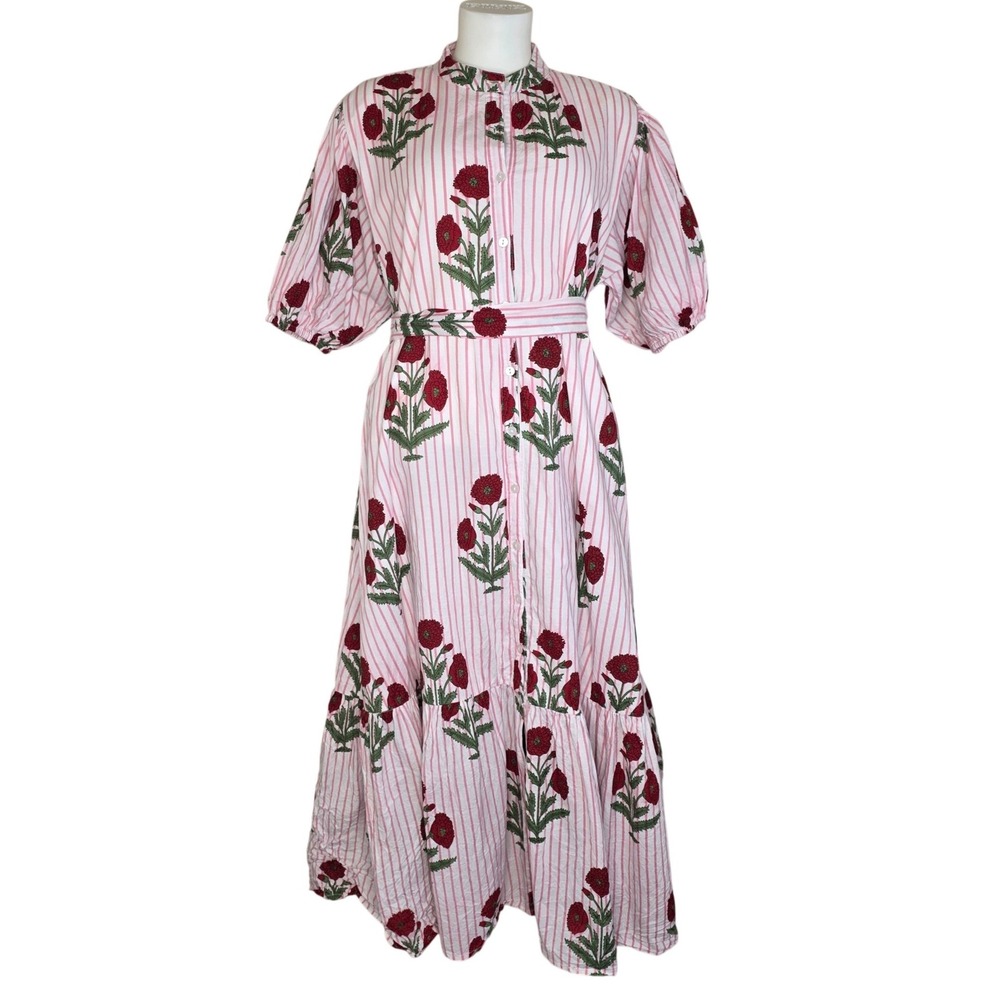 Fox & Hen Pink Pink Striped Red Poppy Tiered Ruffle Midi Maxi Dress Small
